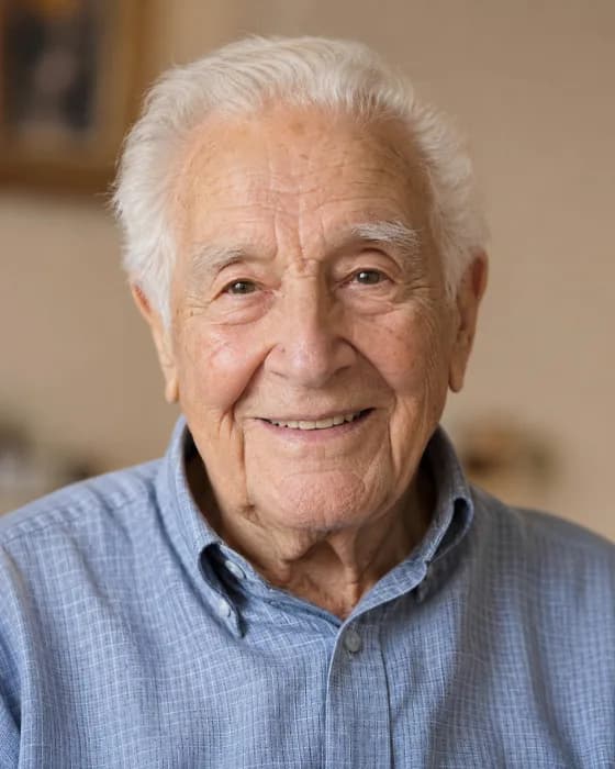An older man, smiling at home